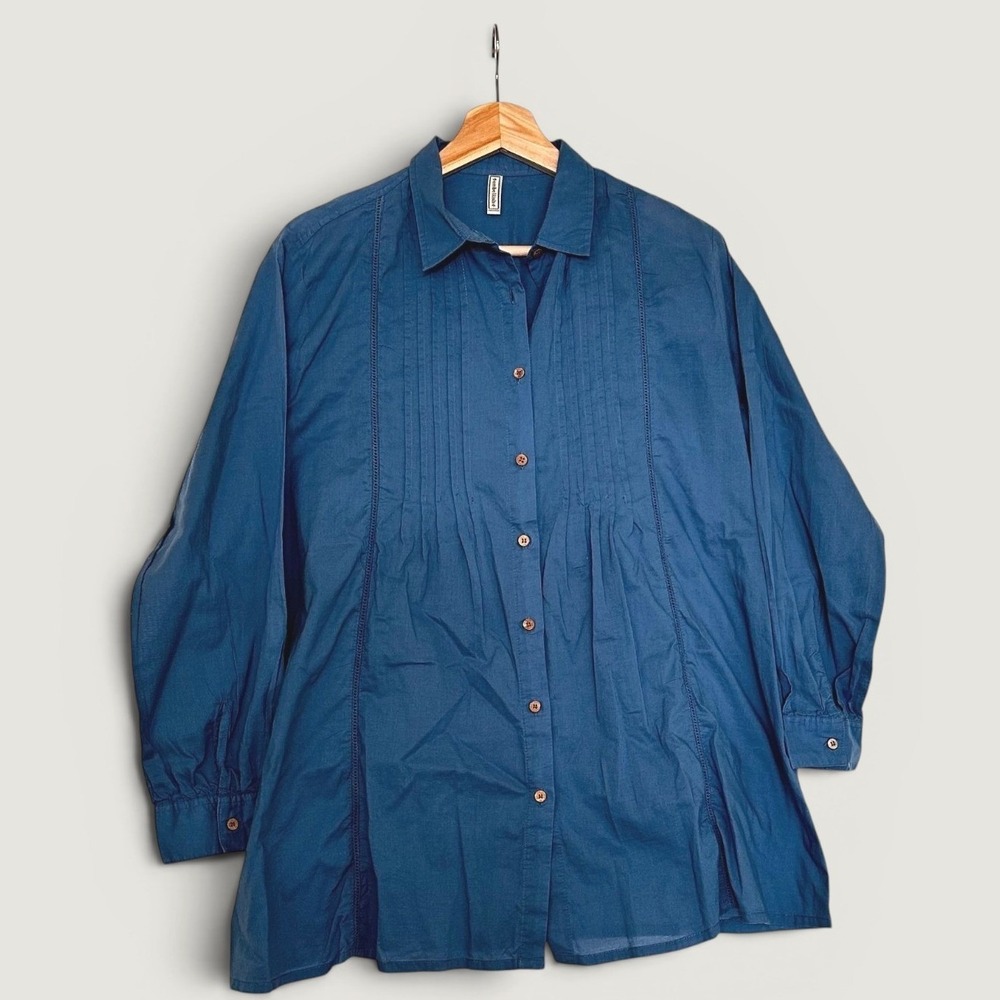Embellish Cotton Shirt Tunic Medium Blue Pleated Front Button Down Made in India
